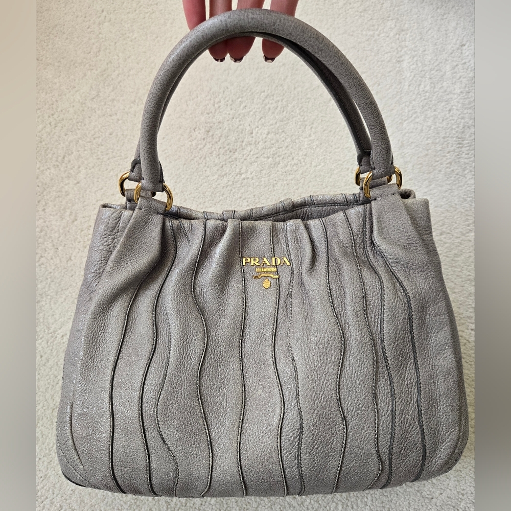 PRADA Cervo Lux Stripes Silver Leather Hand Shoulder Bag & Dust Bag